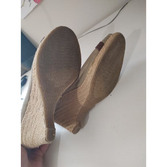 Michael Kors Wedge Espadrille Shoes Brown Tan Gold Hardware Logo Sz 9 - Picture 4 of 5